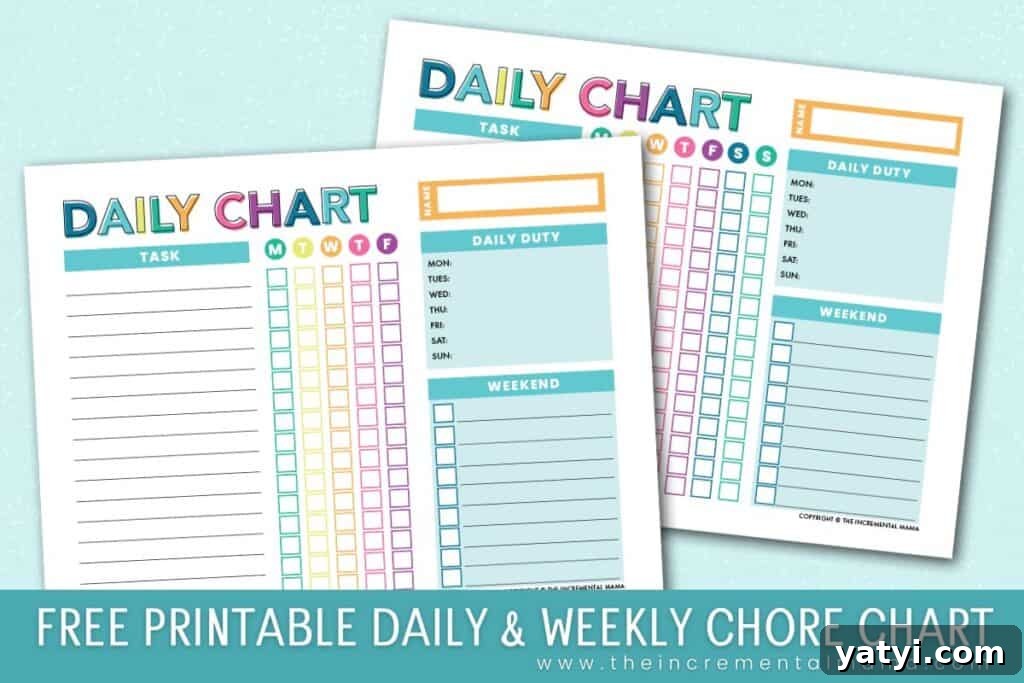 colorful daily and weekly chore chart template for kids