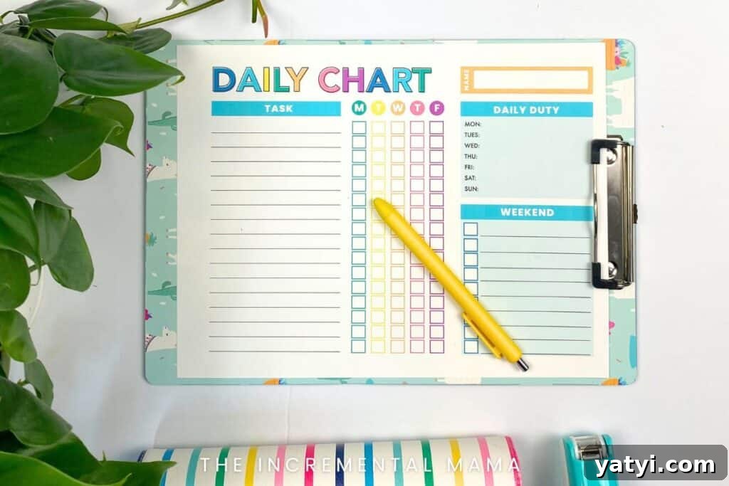 colorful cute free chore chart printable with yellow pen
