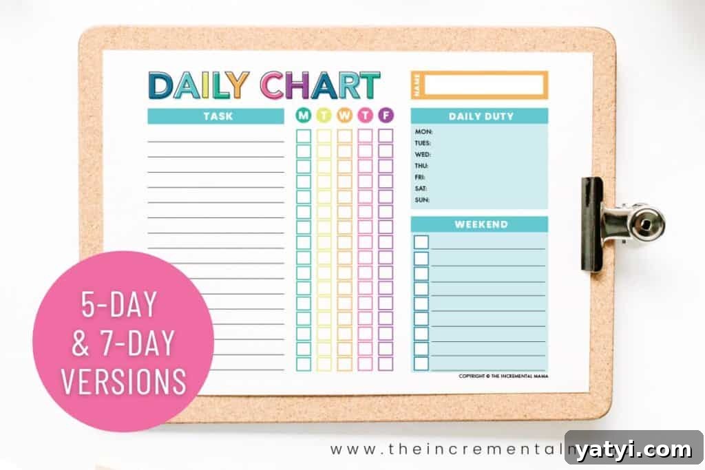 5 day and 7 day daily chore chart printables