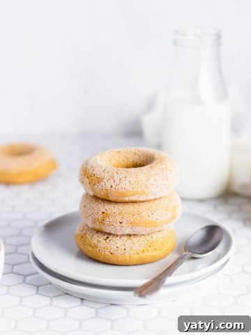 stack of doughnuts in front of a jug of milk