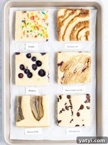 6 flavors of square pancakes on a baking sheet