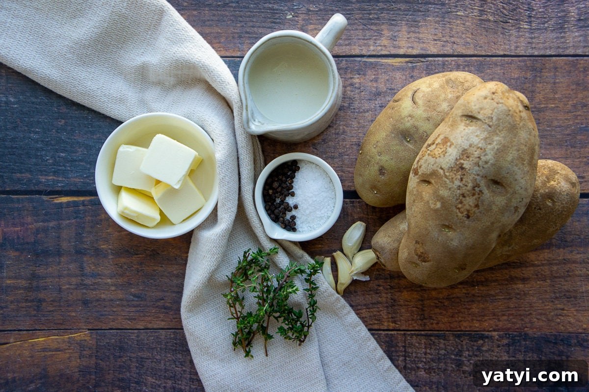 ingredients to make mashed potatoes with thyme and garlic on a wood table.