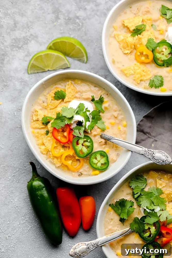 Creamy Vegan White Chili Recipe — Hearty Plant-Based Comfort Meal 2 3 bowls of white chili on grey background