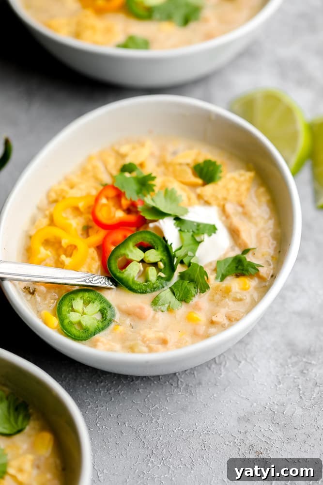 Creamy Vegan White Chili Recipe — Hearty Plant-Based Comfort Meal 4 close up of vegan white chili with jalapenos and sour cream, cilantro on top