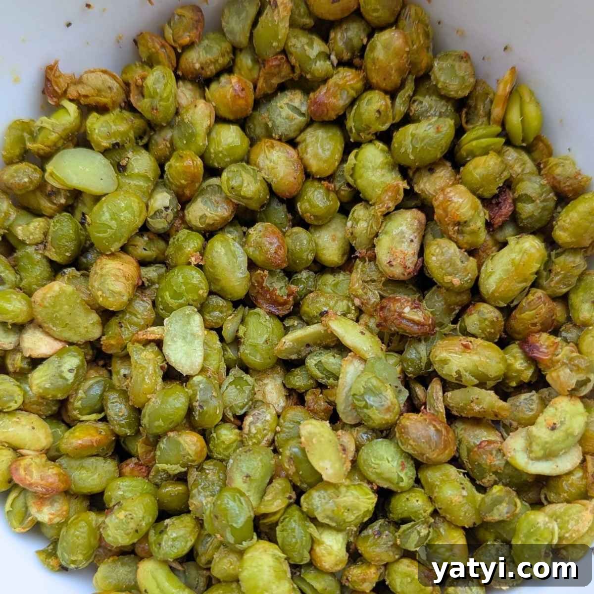 Crispy Air Fryer Edamame Recipe for a Perfect Snack 8 Close up of Crispy edamame beans in a bowl after air frying