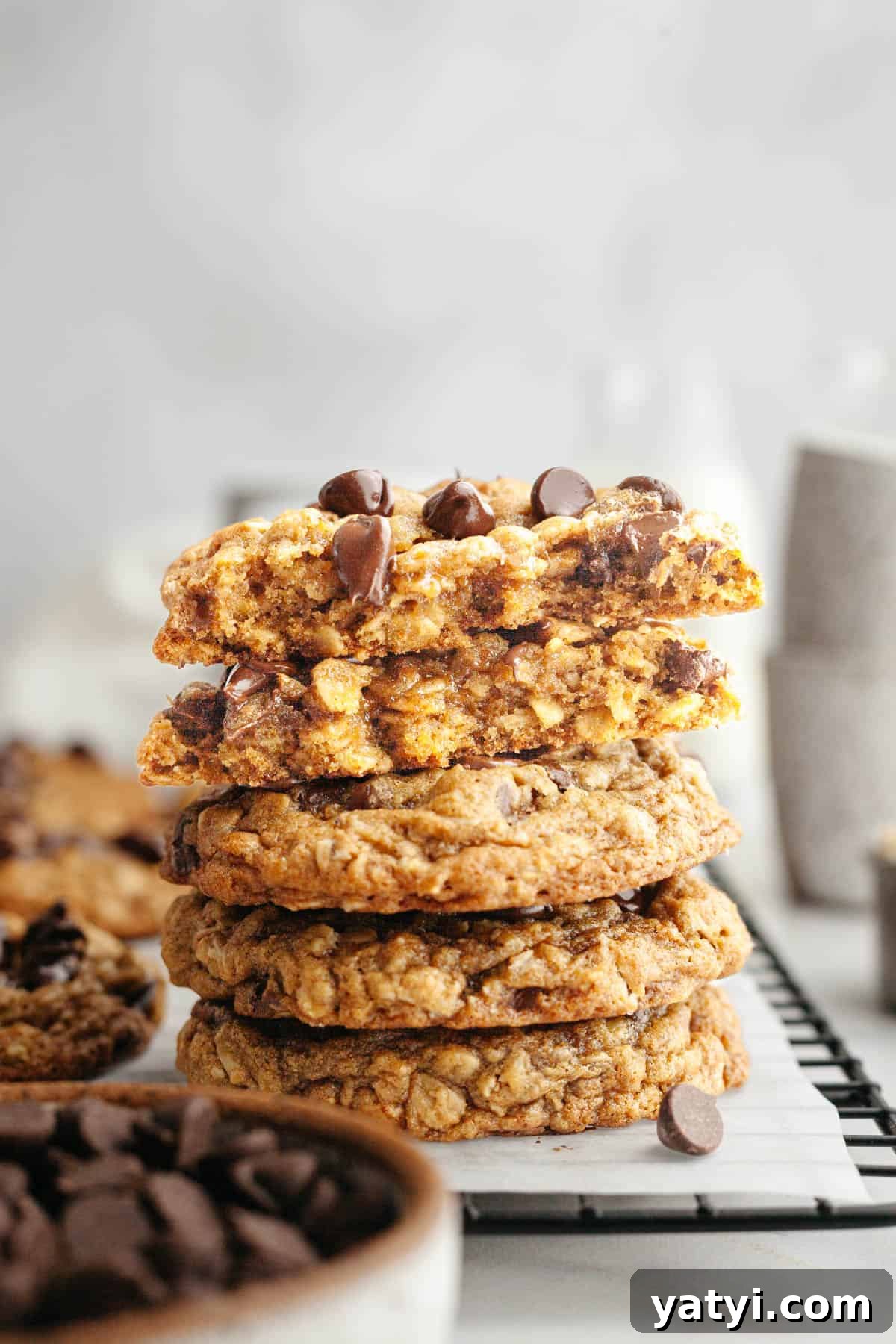 Chewy Brown-Butter Oatmeal Cookies with Chocolate Chips 11 A stack of oatmeal brown butter cookies with chocolate chips.