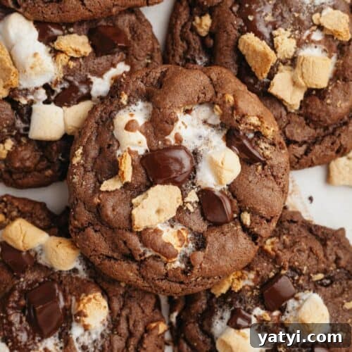 Several chocolate s'mores cookies on parchment paper.