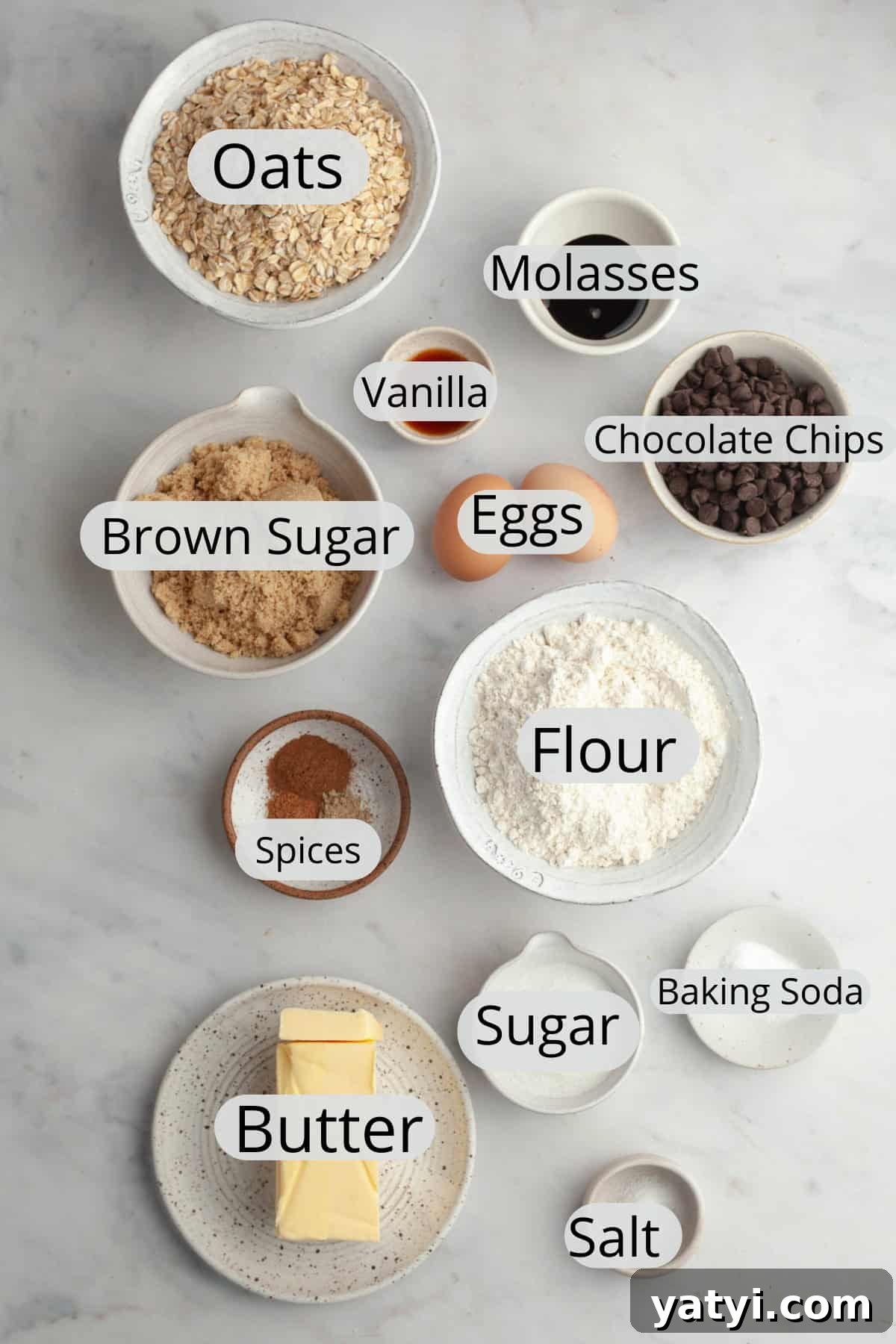 Chewy Brown-Butter Oatmeal Cookies with Chocolate Chips 3 All the ingredients needed to make brown butter oatmeal cookies, weighed out into small bowls.
