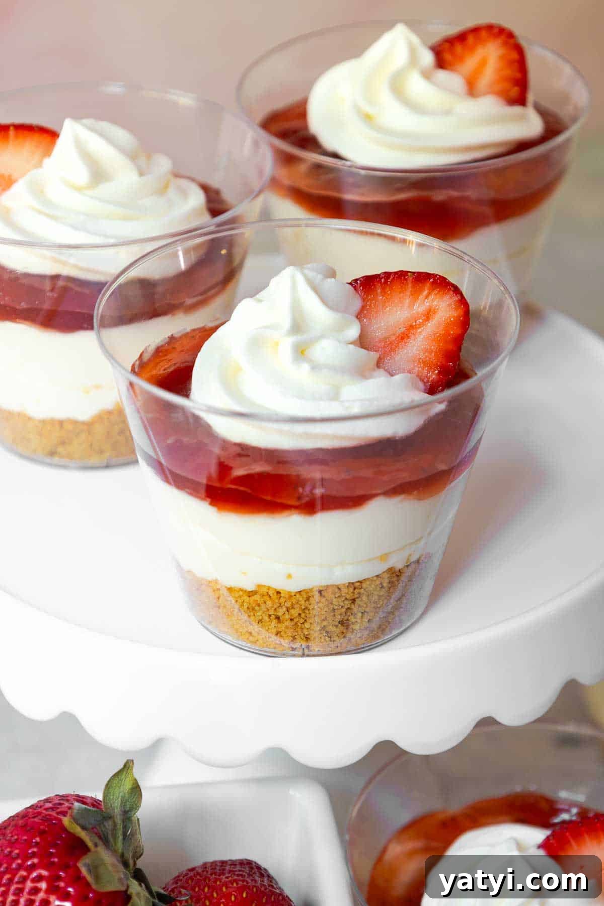 No-Bake Strawberry Cheesecake Cups with Graham Cracker Crust 2 Cheesecake cups with a graham cracker base, creamy filling, strawberry topping, and whipped cream, each topped with a sliced strawberry.