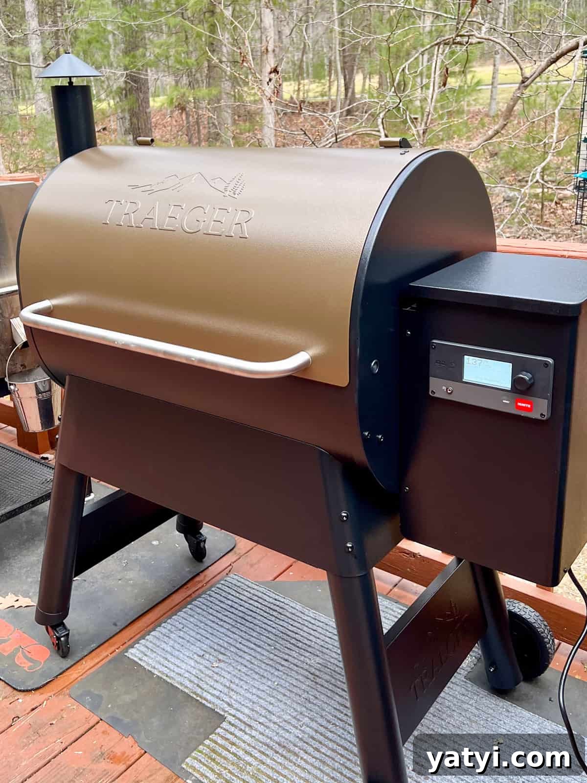 Juicy Smoked Leg of Lamb Recipe for Tender, Flavorful Roast 5 Traeger grill on deck with woods in the background.
