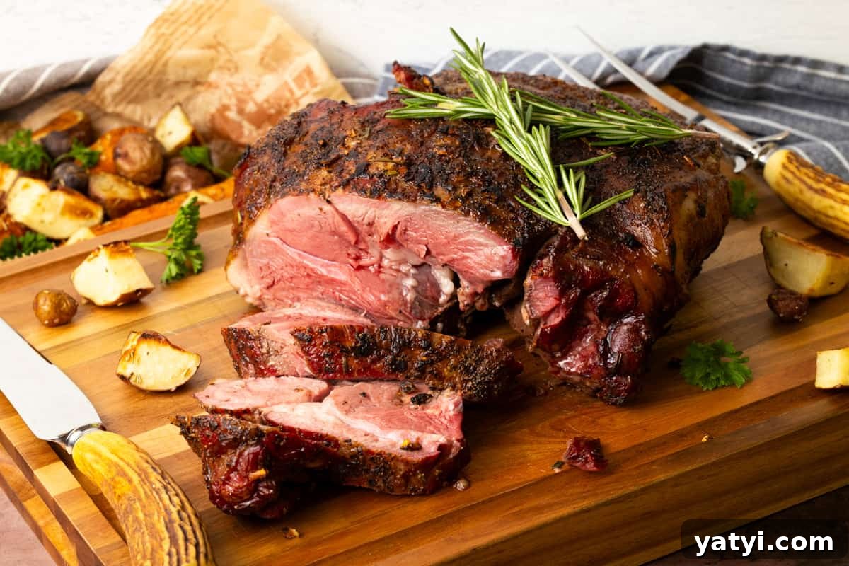 Juicy Smoked Leg of Lamb Recipe for Tender, Flavorful Roast 8 Sliced leg of lamb on cutting board topped with rosemary.