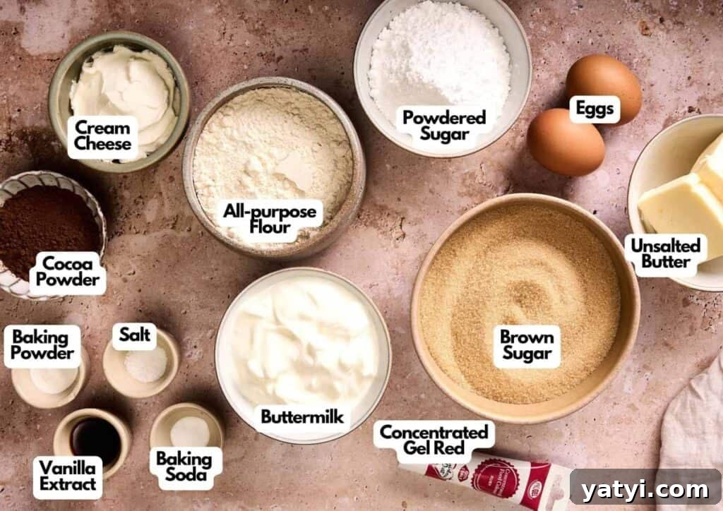 Various baking ingredients, such as cream cheese, flour, cocoa powder, and red gel, perfect for making Air Fryer Red Velvet Cupcakes with a rich flavor and tender crumb.