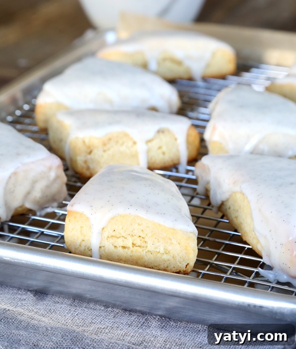 Starbucks-Style Gluten Free Petite Vanilla Bean Scones A wire rack in a tray with vanilla scones on top