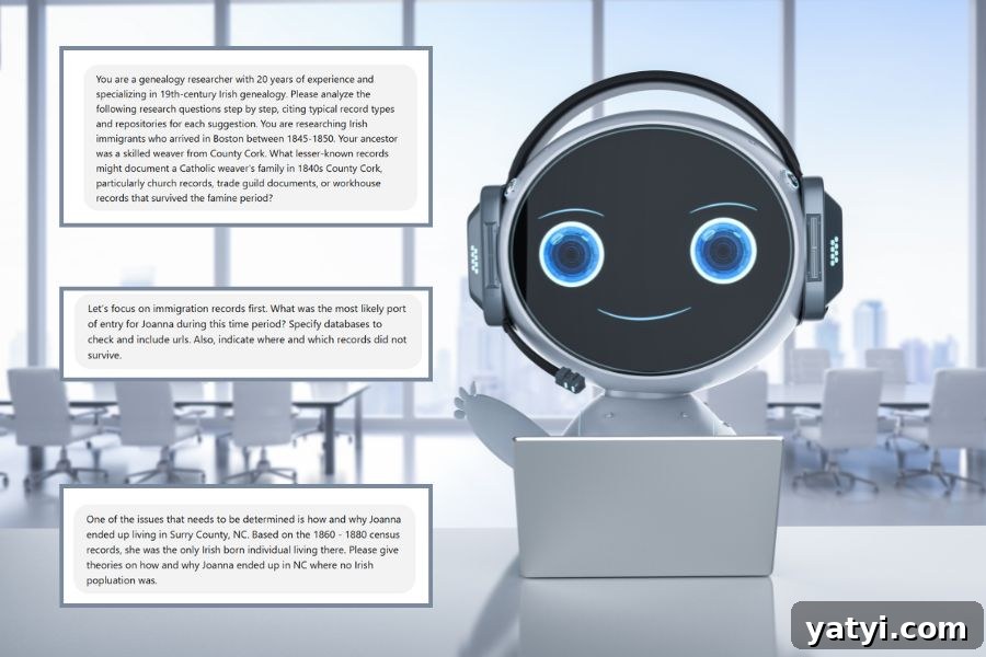 AI Won’t Find Your Great-Grandmother’s Maiden Name — 4 Ways It Can Improve Family Research 3 Waving robot at a laptop with ai prompts on the side.
