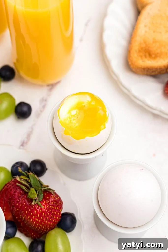 Perfect Soft-Boiled Eggs in an Air Fryer 6 Slightly runny yolk inside of a cooked but cracked egg in front of fresh fruit.