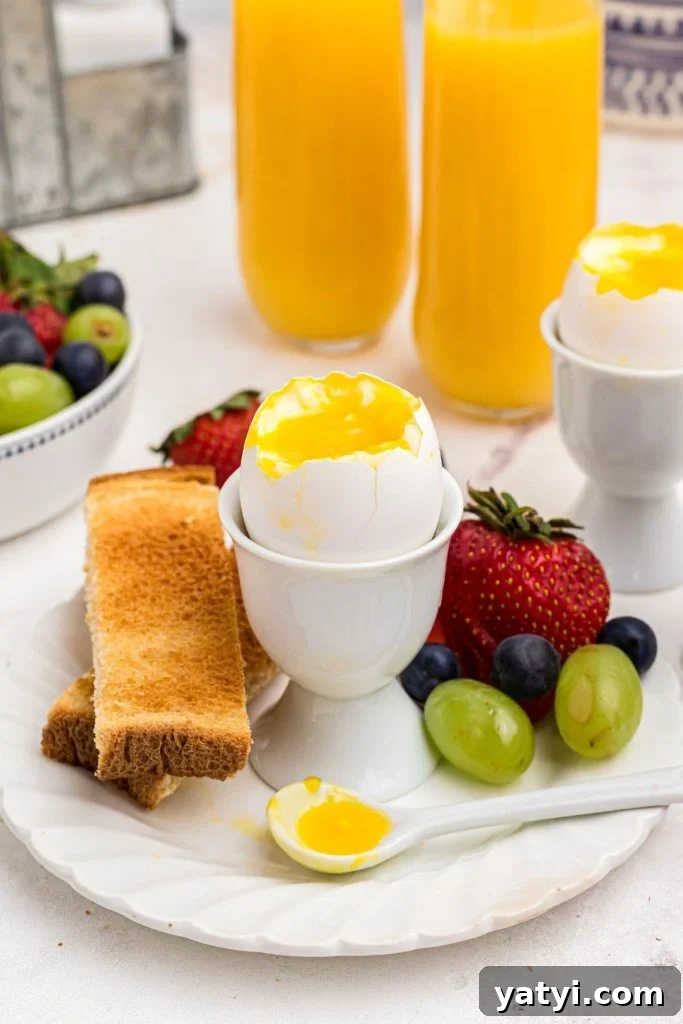 Perfect Soft-Boiled Eggs in an Air Fryer 7 Slightly runny yolk inside of an egg shell in an egg holder with fruit and toast.