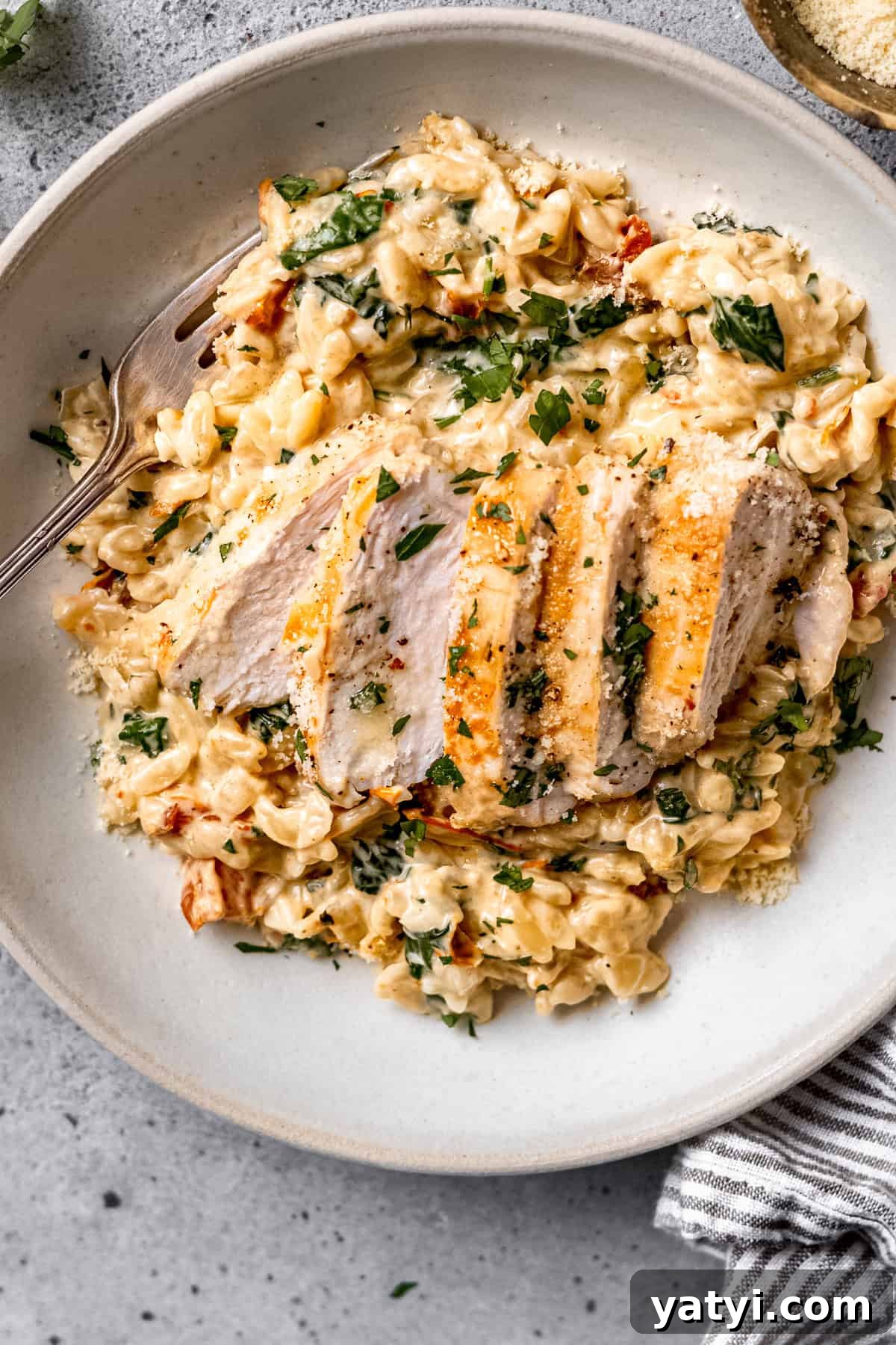 Tuscan Chicken Orzo with Sun-Dried Tomatoes and Spinach 2 Tuscan chicken orzo in a white bowl on a blue table.