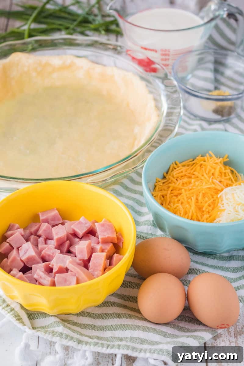 Brunch is a snap when you make this Easy Ham and Cheese Quiche! Simply prep your pie crust, pour in the filling and bake. It's practically fool-proof! ingredients to make ham and cheese quiche