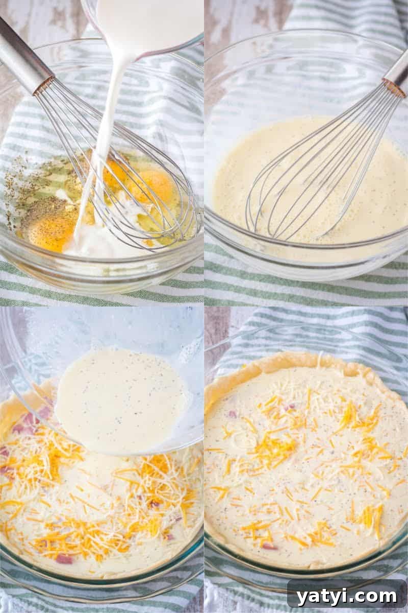 Brunch is a snap when you make this Easy Ham and Cheese Quiche! Simply prep your pie crust, pour in the filling and bake. It's practically fool-proof! steps to make a ham and cheese quiche