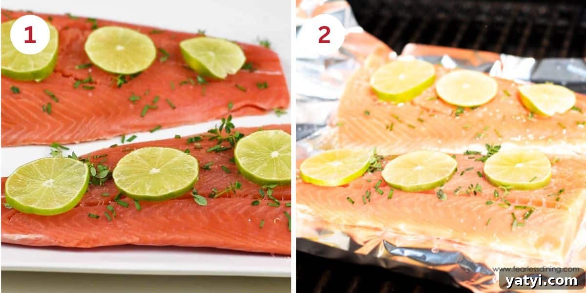 Foil-Packet Grilled Coho Salmon with Lemon and Herbs 4 Coho salmon with seasoning and lime slices in foil packets.