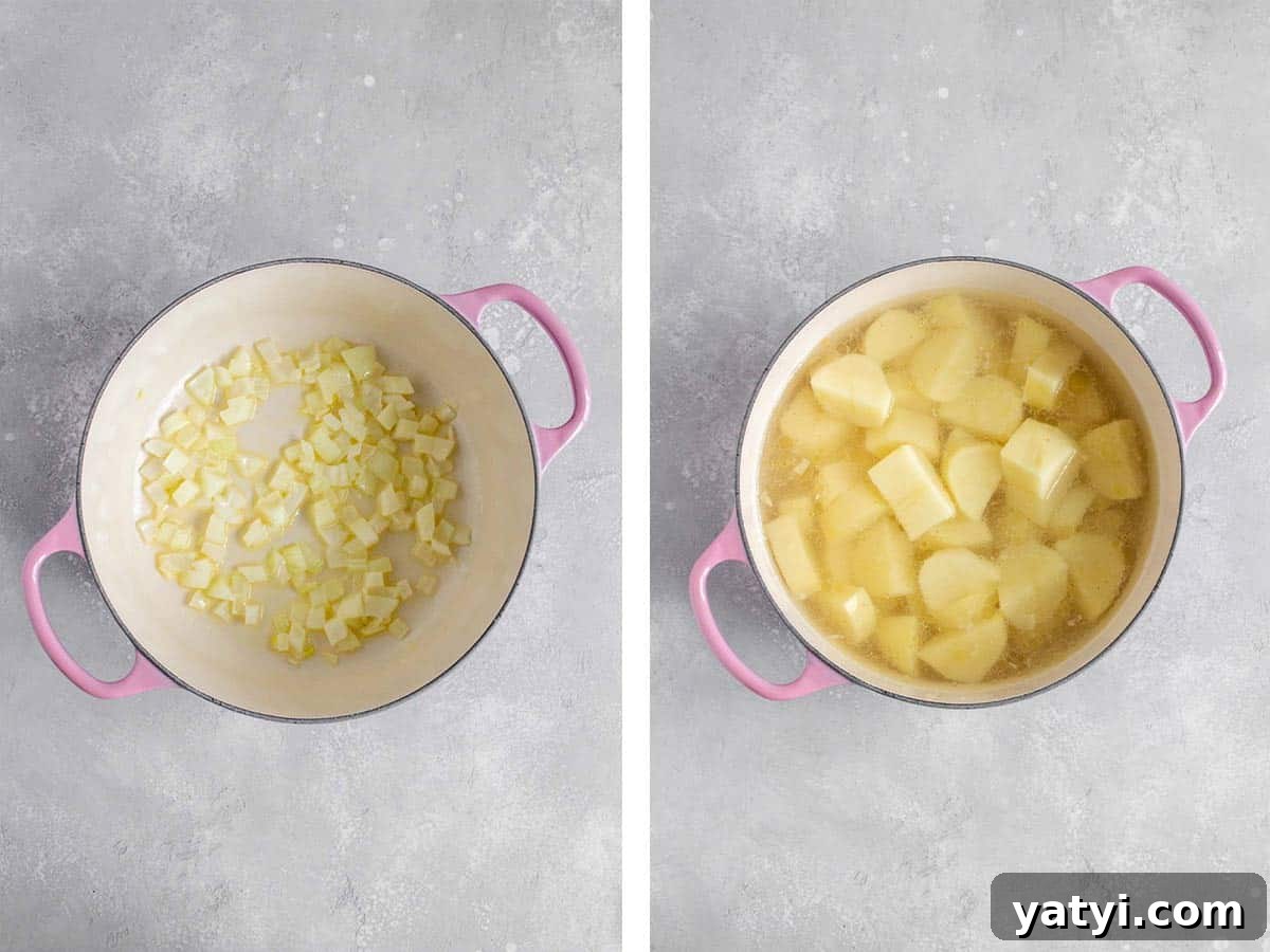 Creamy 4-Ingredient Potato Soup Recipe 4 Onions and potatoes cooked.