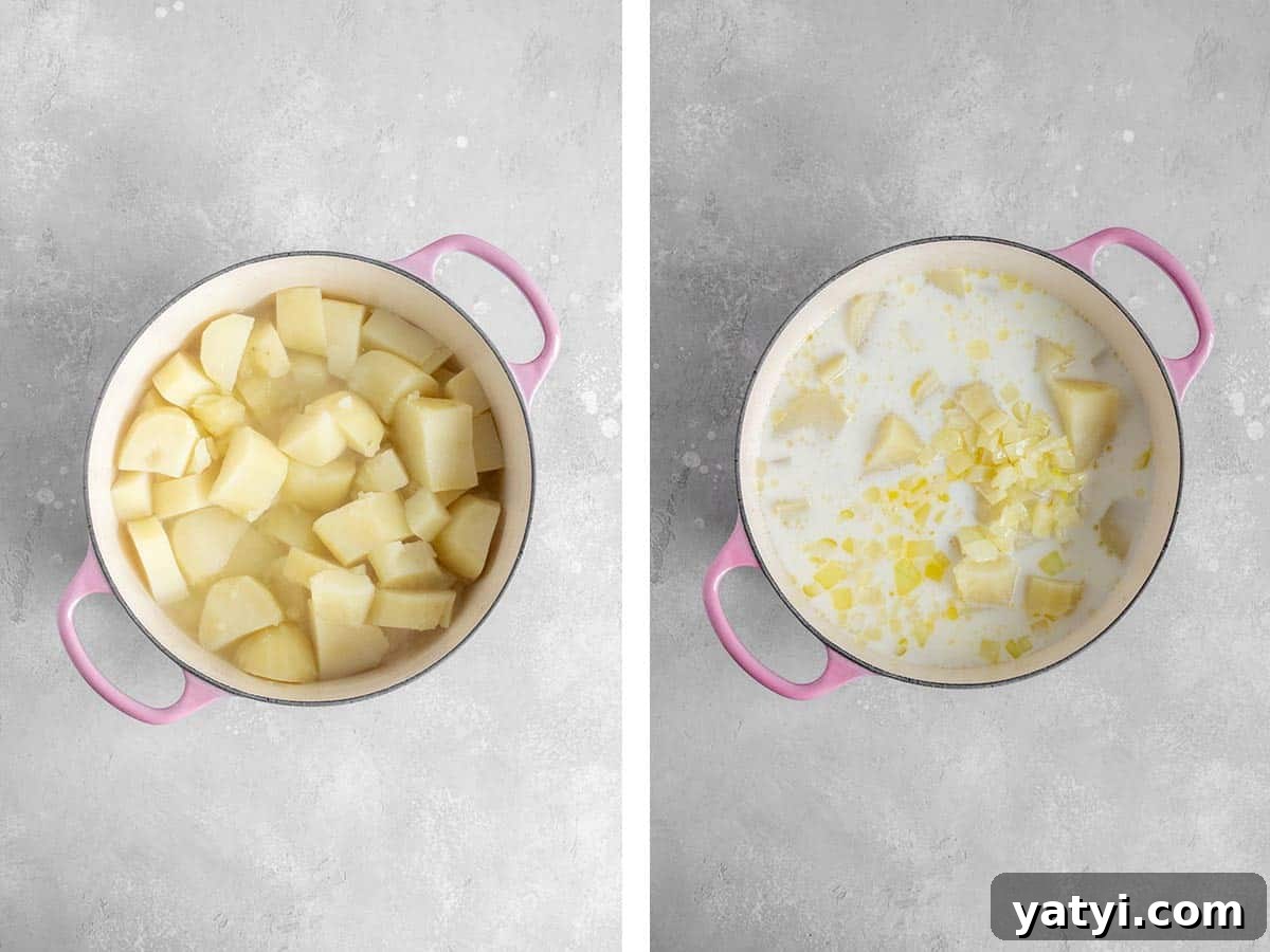 Creamy 4-Ingredient Potato Soup Recipe 5 Milk and onion added to a pot of potatoes.