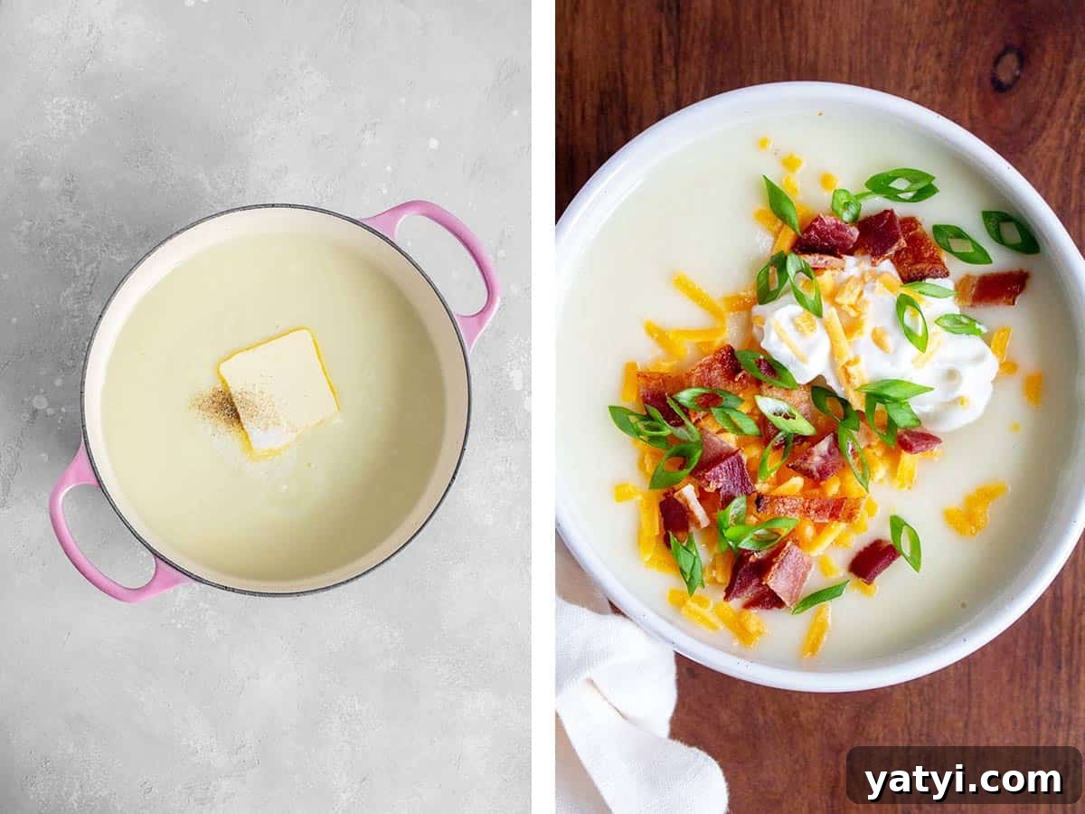 Creamy 4-Ingredient Potato Soup Recipe 6 Butter, salt, and pepper added to blended soup then served.
