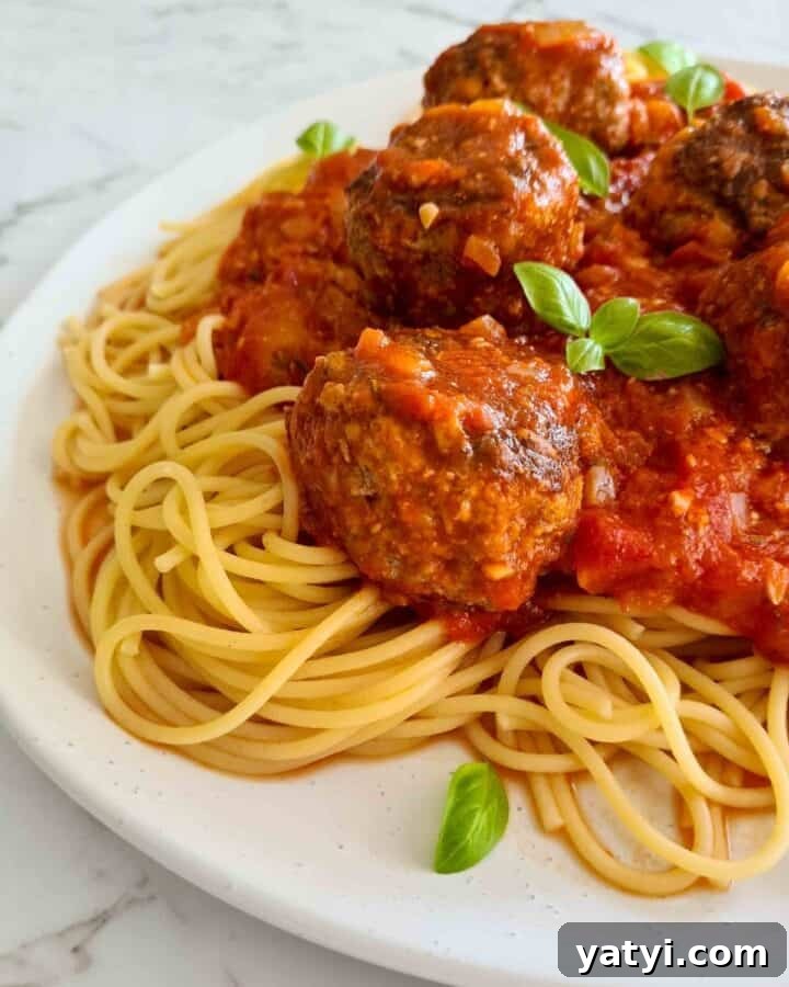 Classic Spaghetti and Meatballs Recipe with Savory Tomato Sauce 2 Close up side profile of spaghetti and meatballs