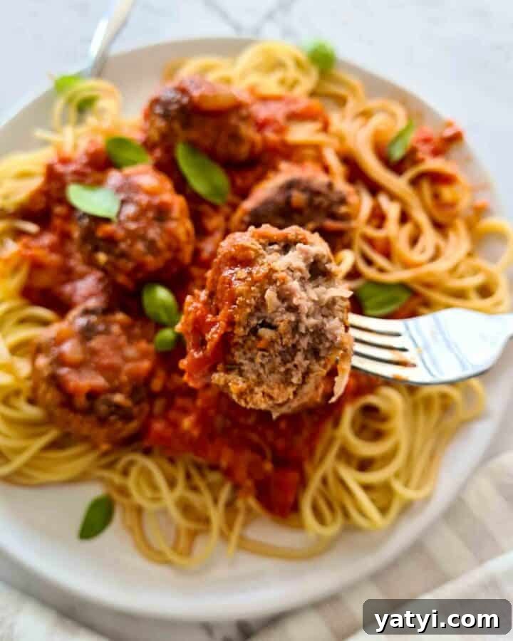 Classic Spaghetti and Meatballs Recipe with Savory Tomato Sauce 7 Close up of a bitten meatball
