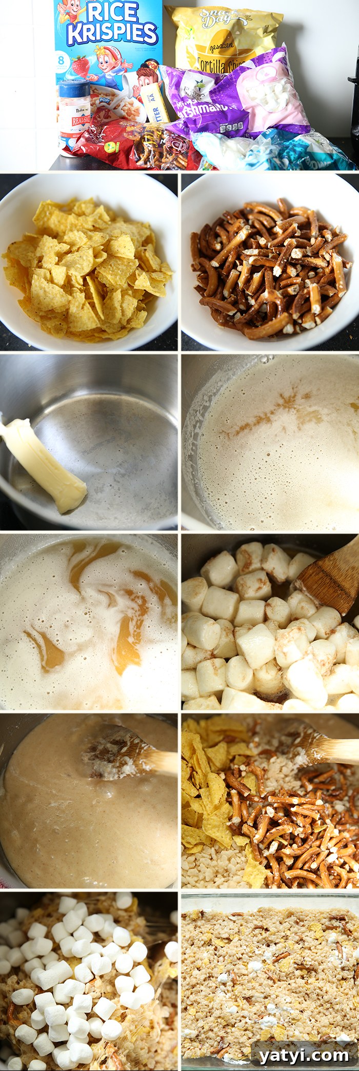 11-photo picture collage of step-by-step photos of how to make Sweet and Salty Rice Krispies.