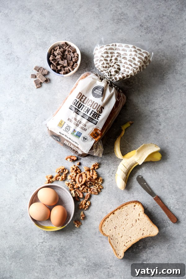 Gluten- and Dairy-Free Chocolate Chip Banana Bread Pudding 3 gluten-free bread eggs banana walnuts chocolate chunks