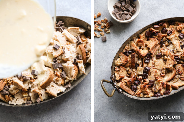 Gluten- and Dairy-Free Chocolate Chip Banana Bread Pudding 4 pouring dairy-free custard onto gluten-free bread in casserole