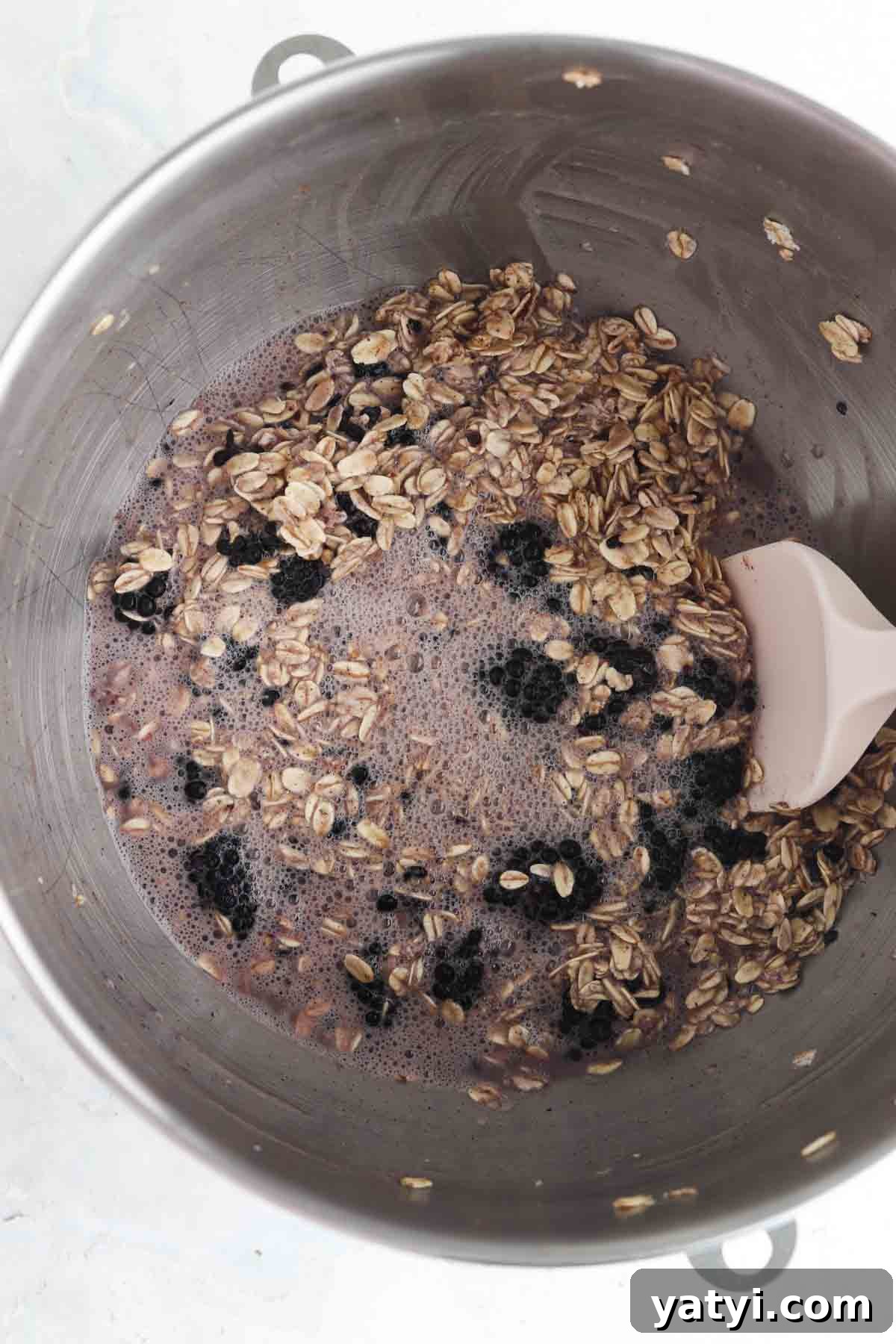 Blackberry Baked Oatmeal Recipe for Summer Brunch 5 Mixed blackberry oatmeal ingredients in a bowl.