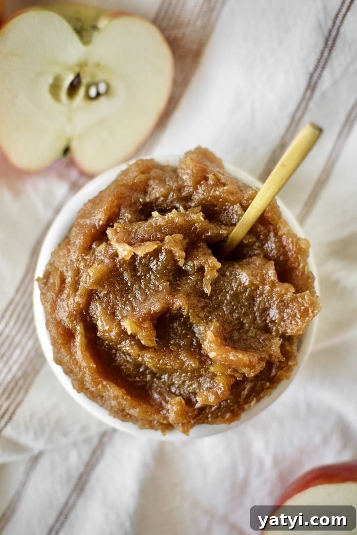 How to Make Rich Homemade Apple Butter in Your Kitchen 7 Finished Apple Butter in a dish with a gold spoon in it.
