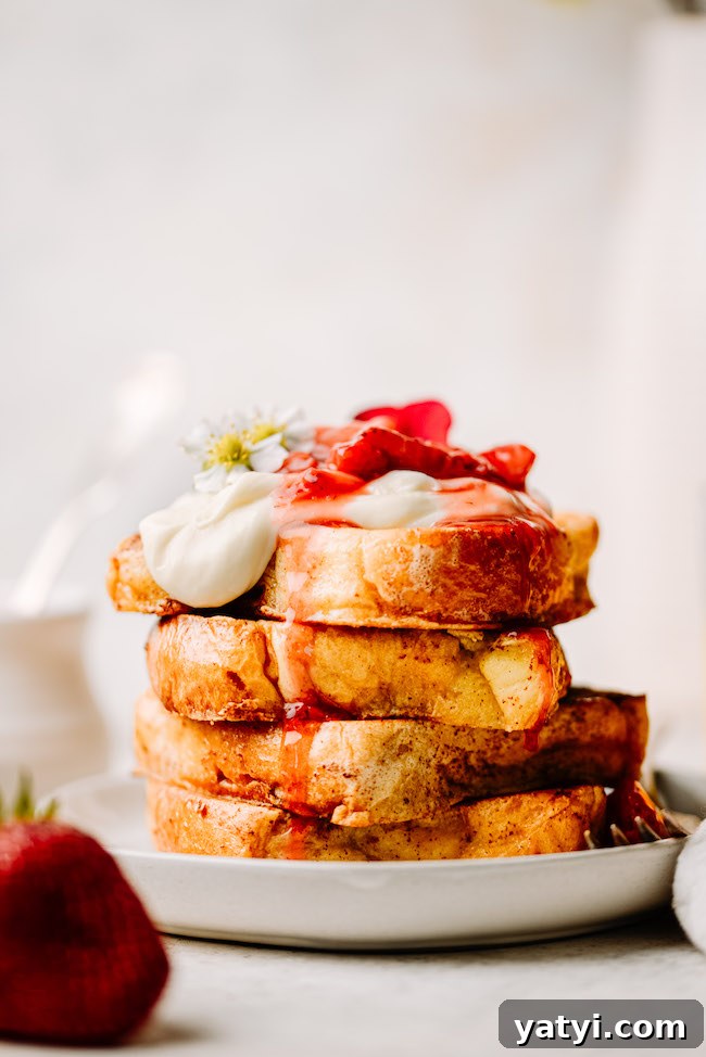Strawberry Cream Brioche French Toast Recipe for Brunch 3 Stacked brioche french toast with strawberries