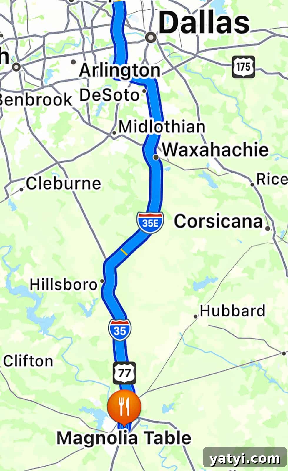 View of road trip map from Dallas to Magnolia Table Waco