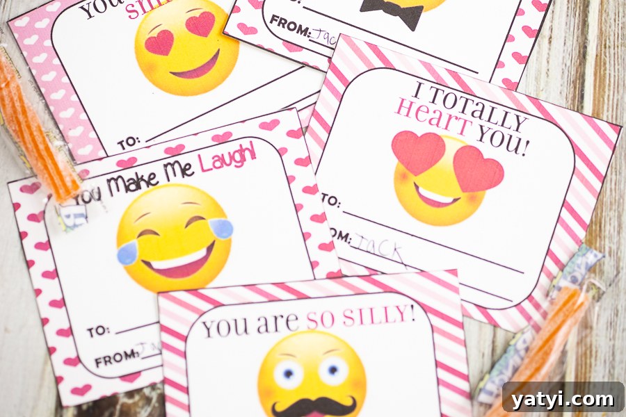 Printable Emoji Valentine Cards – Free Downloadable Pack 3 Cut out emoji valentines on a white wood background with orange sour straws