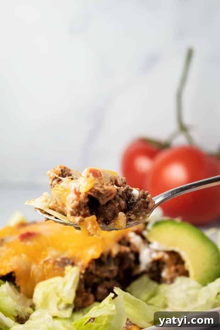 Hearty Keto Ground Beef Stew Recipe for Low-Carb Meals 11 spoon full of beef in front of taco casserole with avocado
