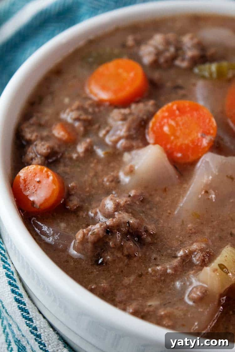 Hearty Keto Ground Beef Stew Recipe for Low-Carb Meals 13 sideview of keto ground beef stew in a white serving bowl ready to serve