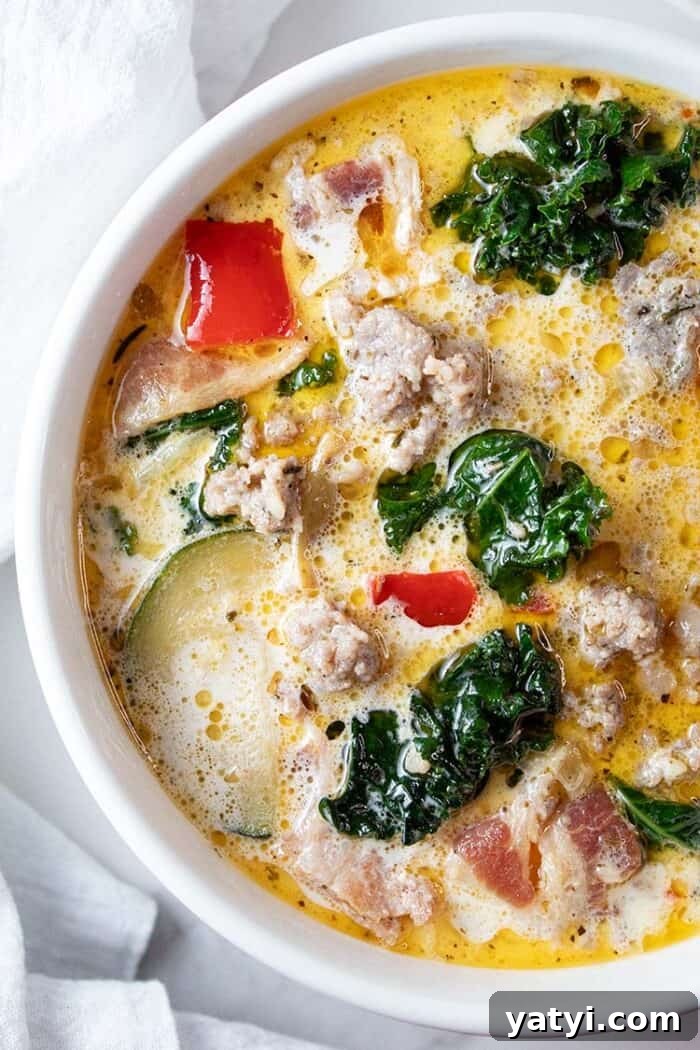 Hearty Keto Ground Beef Stew Recipe for Low-Carb Meals 18 overhead view of zuppa toscana soup in a large ceramic pot
