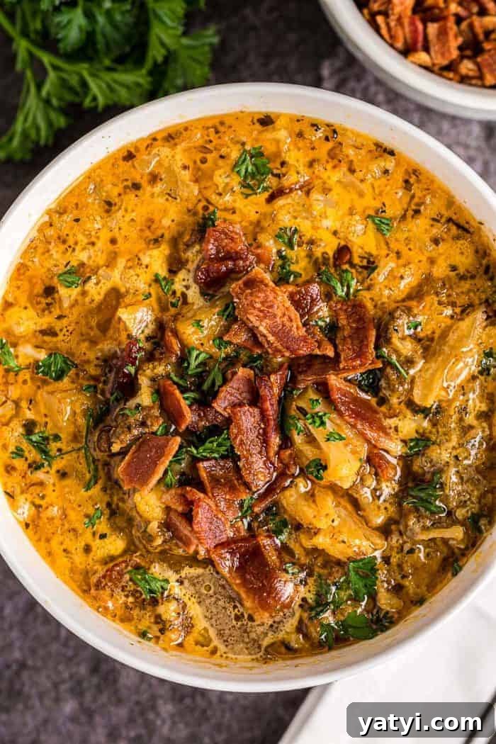 Hearty Keto Ground Beef Stew Recipe for Low-Carb Meals 19 bowl of keto cheeseburger soup with bacon on top