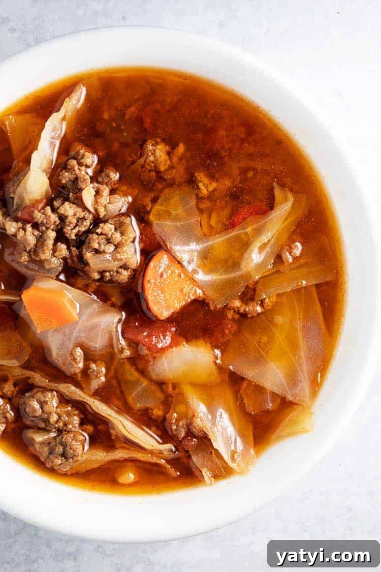 Hearty Keto Ground Beef Stew Recipe for Low-Carb Meals 20 white bowl of keto cabbage soup
