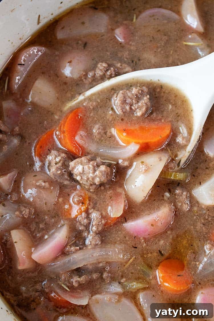 Hearty Keto Ground Beef Stew Recipe for Low-Carb Meals 5 Homemade hearty beef and vegetable soup with ground beef, carrots, onions, and spices.