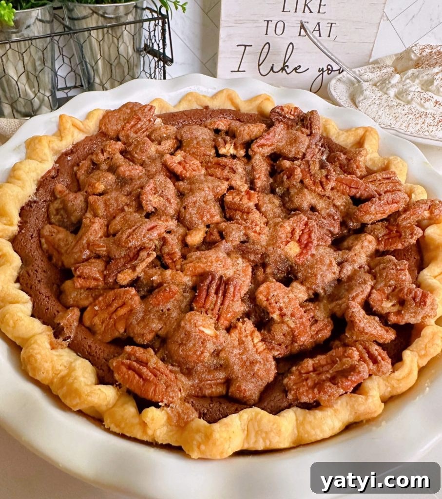Decadent Chocolate Pecan Chess Pie Recipe for Home Bakers 2 Whole Chocolate Pecan Chess Pie on the kitchen counter.