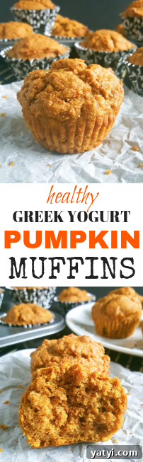 Greek Yogurt Pumpkin Muffins with Warm Spices 9 Healthy Greek Yogurt Pumpkin Muffins - Soft, moist whole wheat pumpkin muffins made with pumpkin puree and perfect for a Fall breakfast.