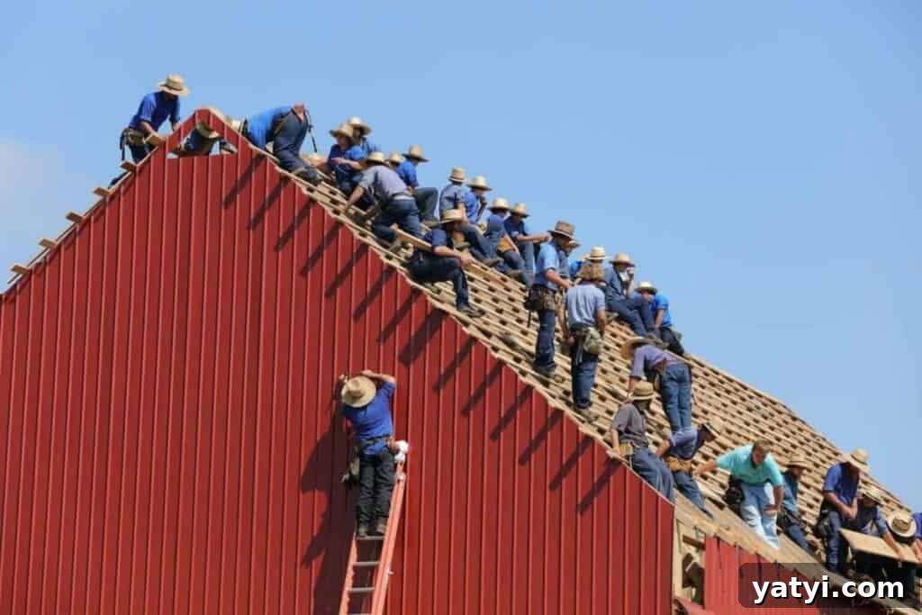Origins of the Amish: Where They Came From and Why It Matters 3 lots of Amish men in traditional clothing on the roof, having a barn raising.