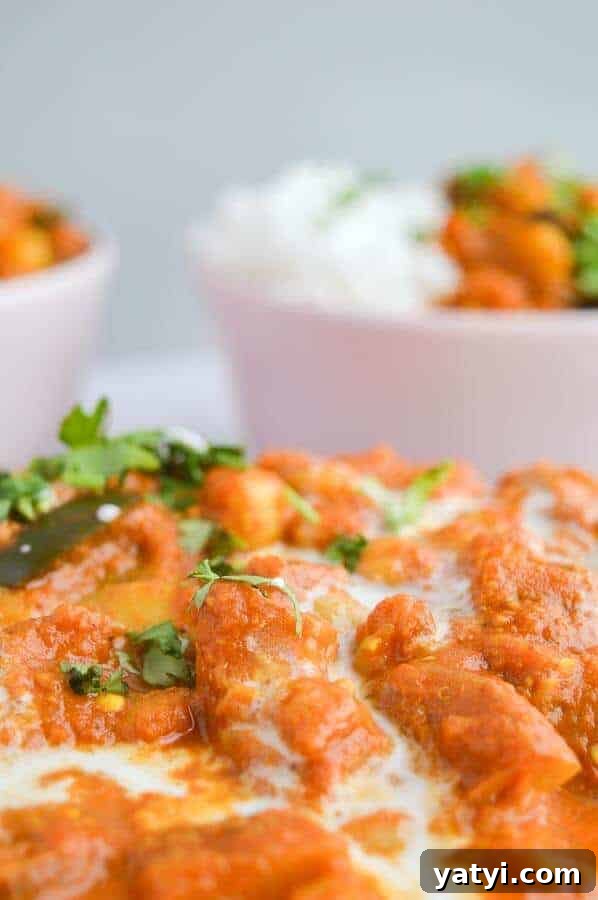 One-Pot Vegan Tikka Masala Recipe for Flavorful Dinner 2 A closeup of orange curry sauce with chickpeas, and two bowls of it with rice in the background