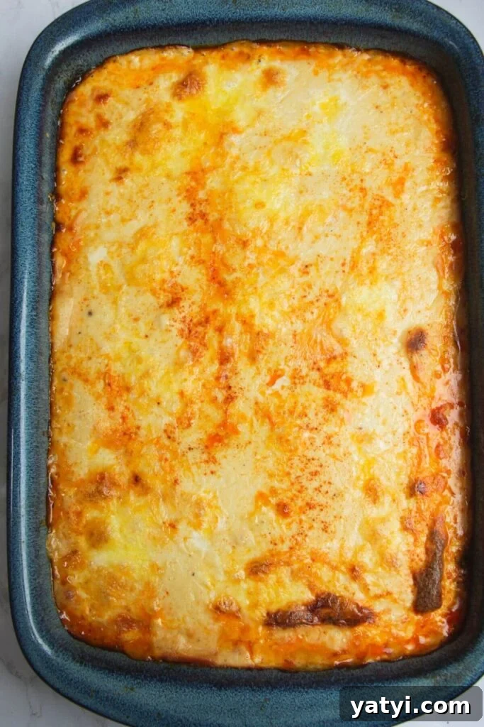 Golden cheese topped bolognese rice bake out of the oven.