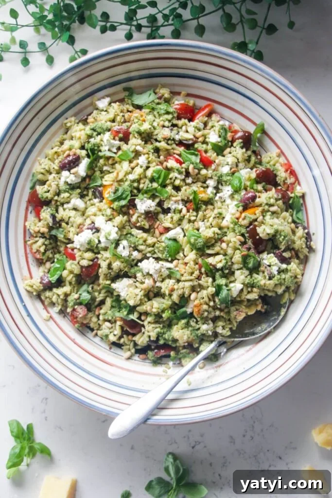 Orzo pesto salad in a large colourful serving bowl with a silver spoon.