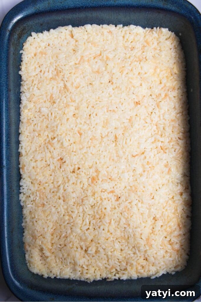 Seasoned rice pressed into a large blue oven dish.